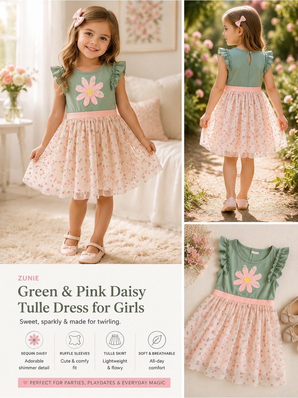 Zunie Green & Pink Daisy Tulle Dress for Girls